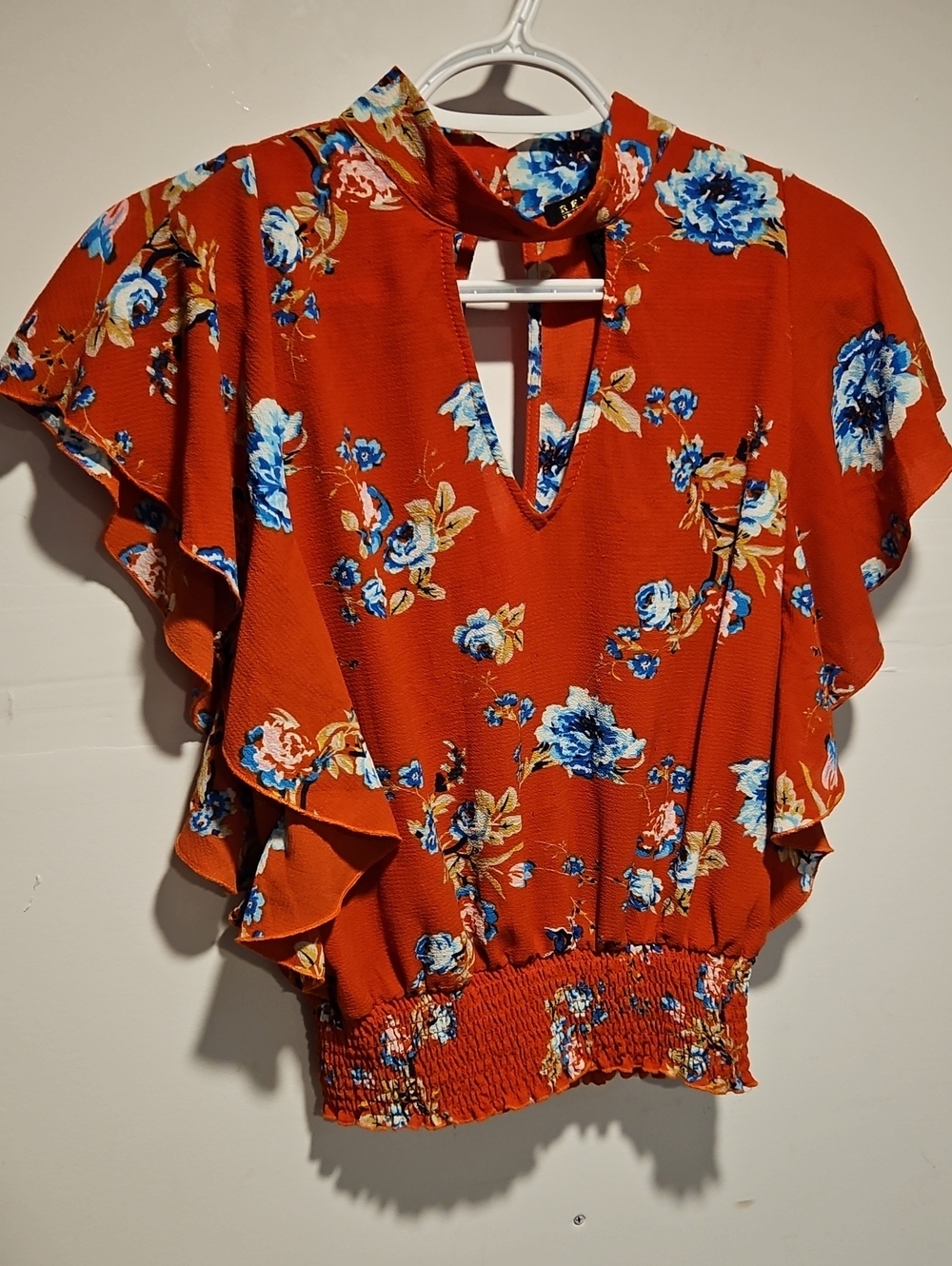 Revamped Red Floral Keyhole Flutter Sleeve Blouse